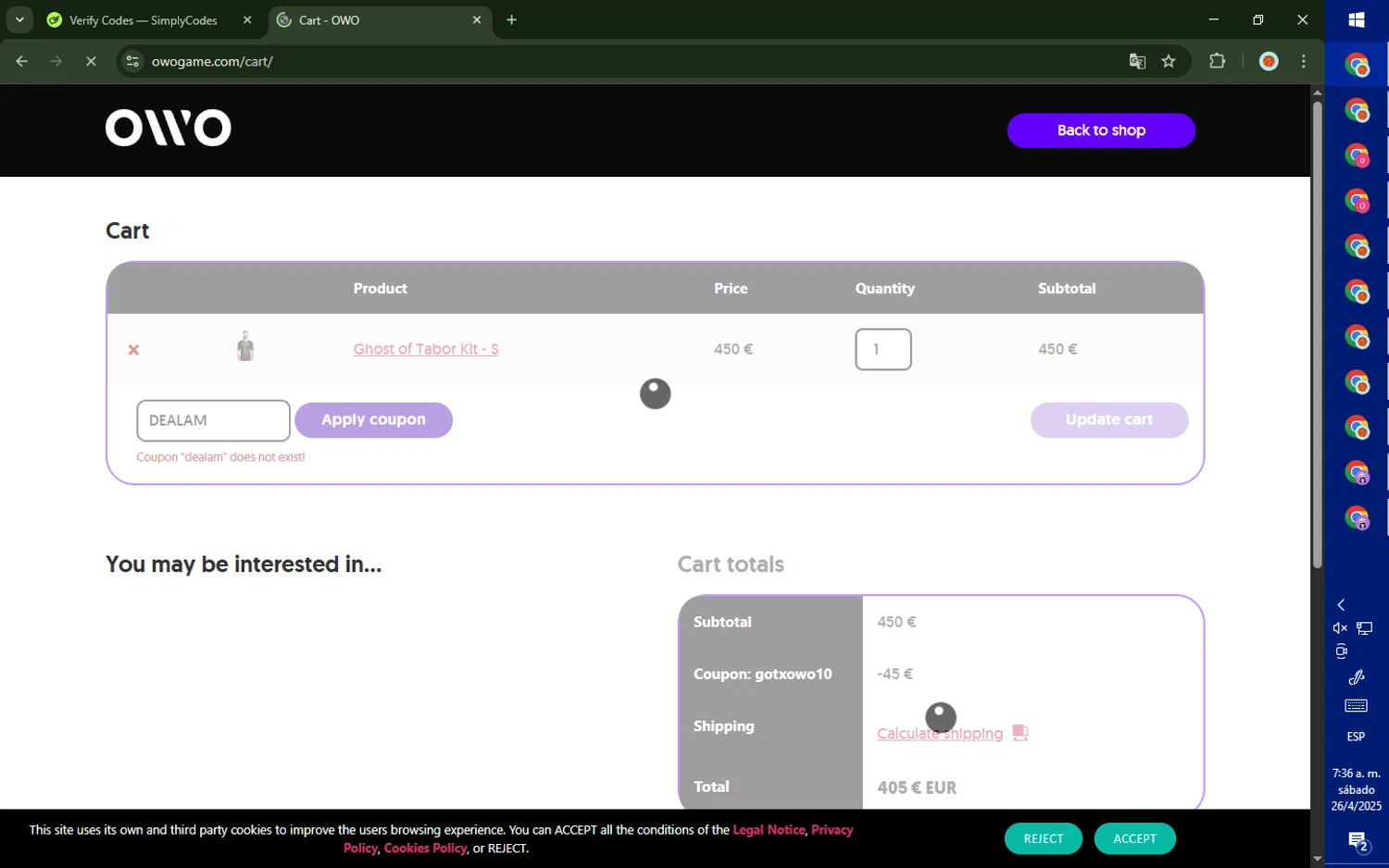 OWO promo code screenshot showing code DEALAM applied at OWO checkout page. Uploaded by SimplyCodes community member DealTiger9869 on Apr 26, 2025