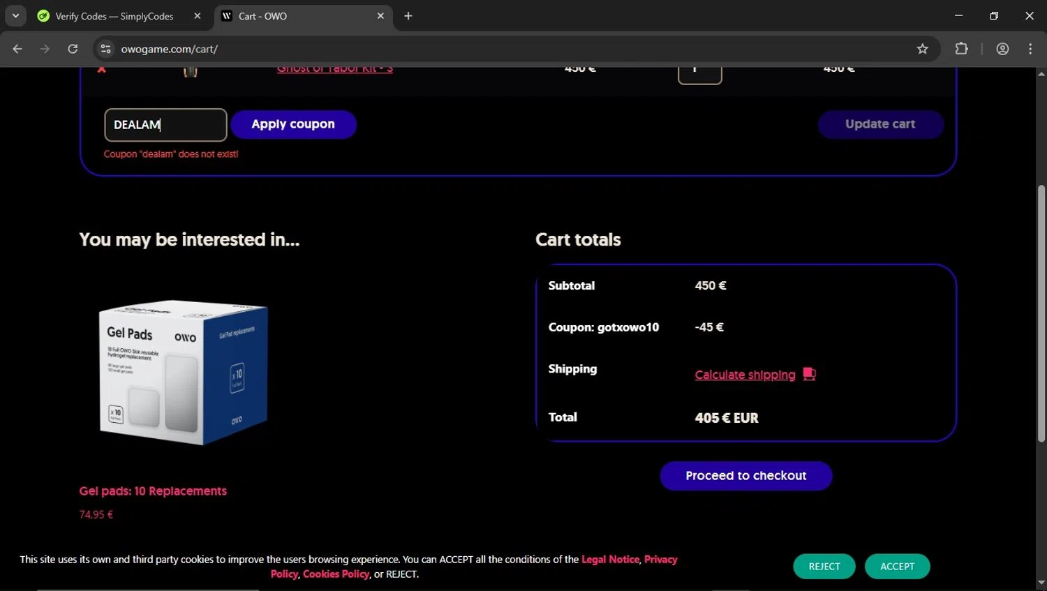 OWO promo code screenshot showing code DEALAM applied at OWO checkout page. Uploaded by SimplyCodes community member SaleSentinel3142 on Apr 26, 2025