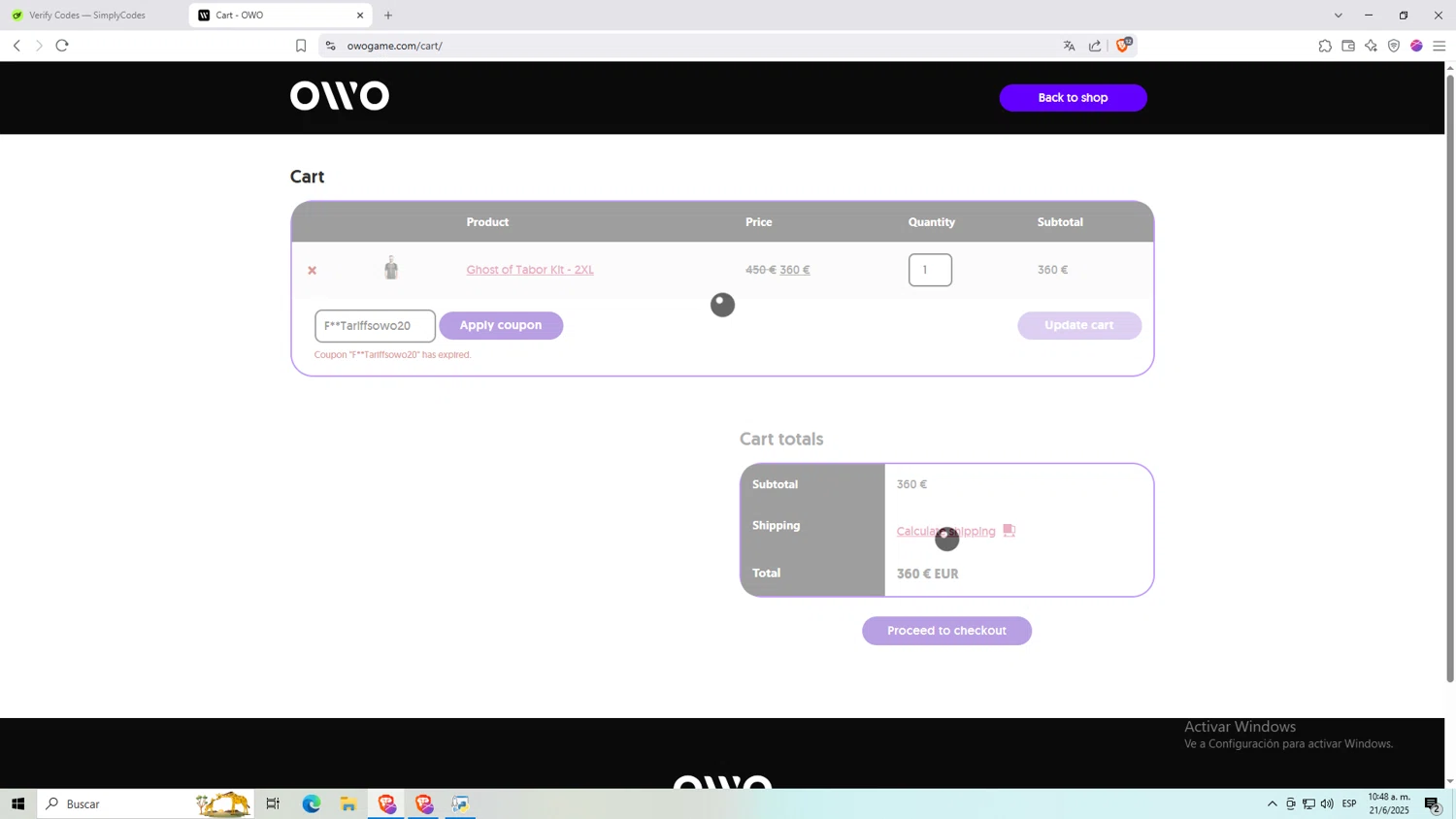 OWO promo code screenshot showing code F**Tariffsowo20 applied at OWO checkout page. Uploaded by SimplyCodes community member NARUTO_UZUMAKIsx on Jun 21, 2025