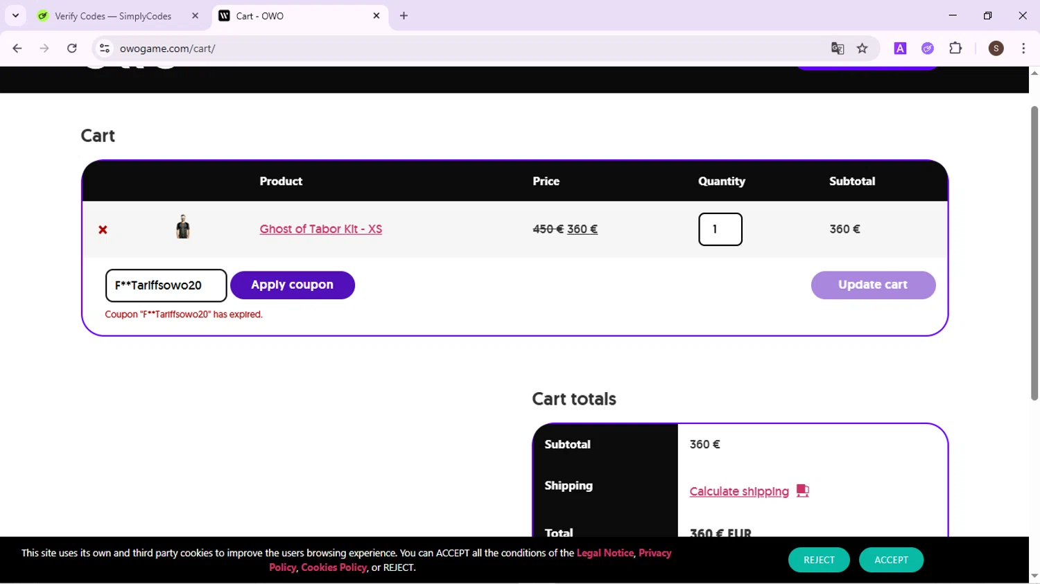 OWO promo code screenshot showing code F**Tariffsowo20 applied at OWO checkout page. Uploaded by SimplyCodes community member QuestPhoenix2794 on Jun 21, 2025