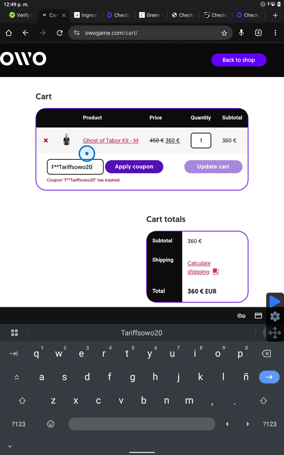OWO promo code screenshot showing code F**Tariffsowo20 applied at OWO checkout page. Uploaded by SimplyCodes community member SmartWhiz9028 on Jun 21, 2025