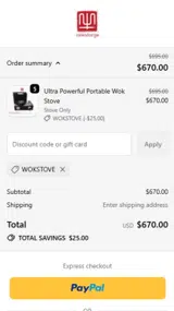 WOKSTOVE coupon verification screenshot