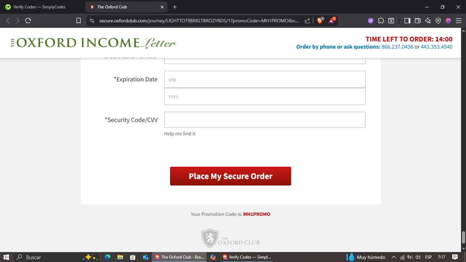 The Oxford Club promo code screenshot showing code MH1PROMO applied at The Oxford Club checkout page. Uploaded by SimplyCodes community member jairinho on Aug 25, 2025