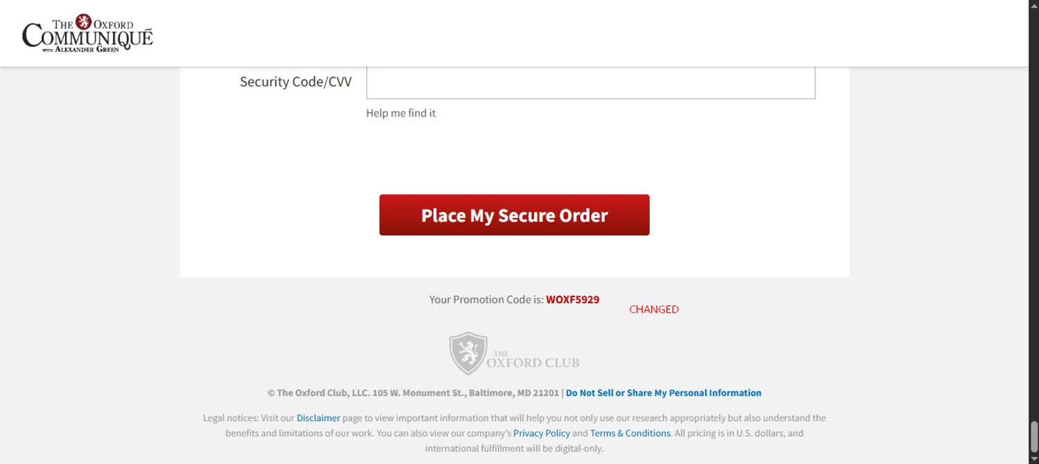 The Oxford Club promo code screenshot showing code WBRK5821 applied at The Oxford Club checkout page. Uploaded by SimplyCodes community member noworries on Oct 9, 2025