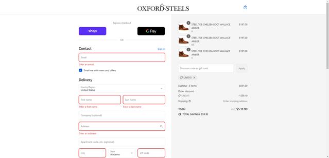 Oxford Steels checkout page showing Oxford Steels discount code box | Screenshot taken by SimplyCodes community member on Sep 12, 2025