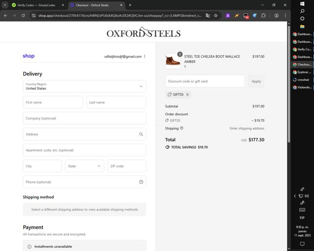 Oxford Steels checkout page showing Oxford Steels discount code box | Screenshot taken by SimplyCodes community member on Sep 12, 2025