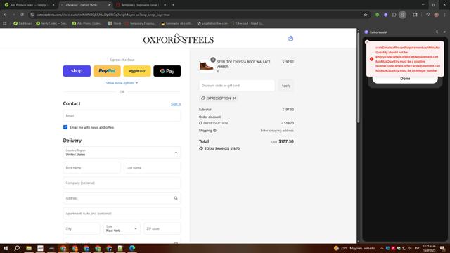 Oxford Steels checkout page showing Oxford Steels discount code box | Screenshot taken by SimplyCodes community member on Sep 15, 2025