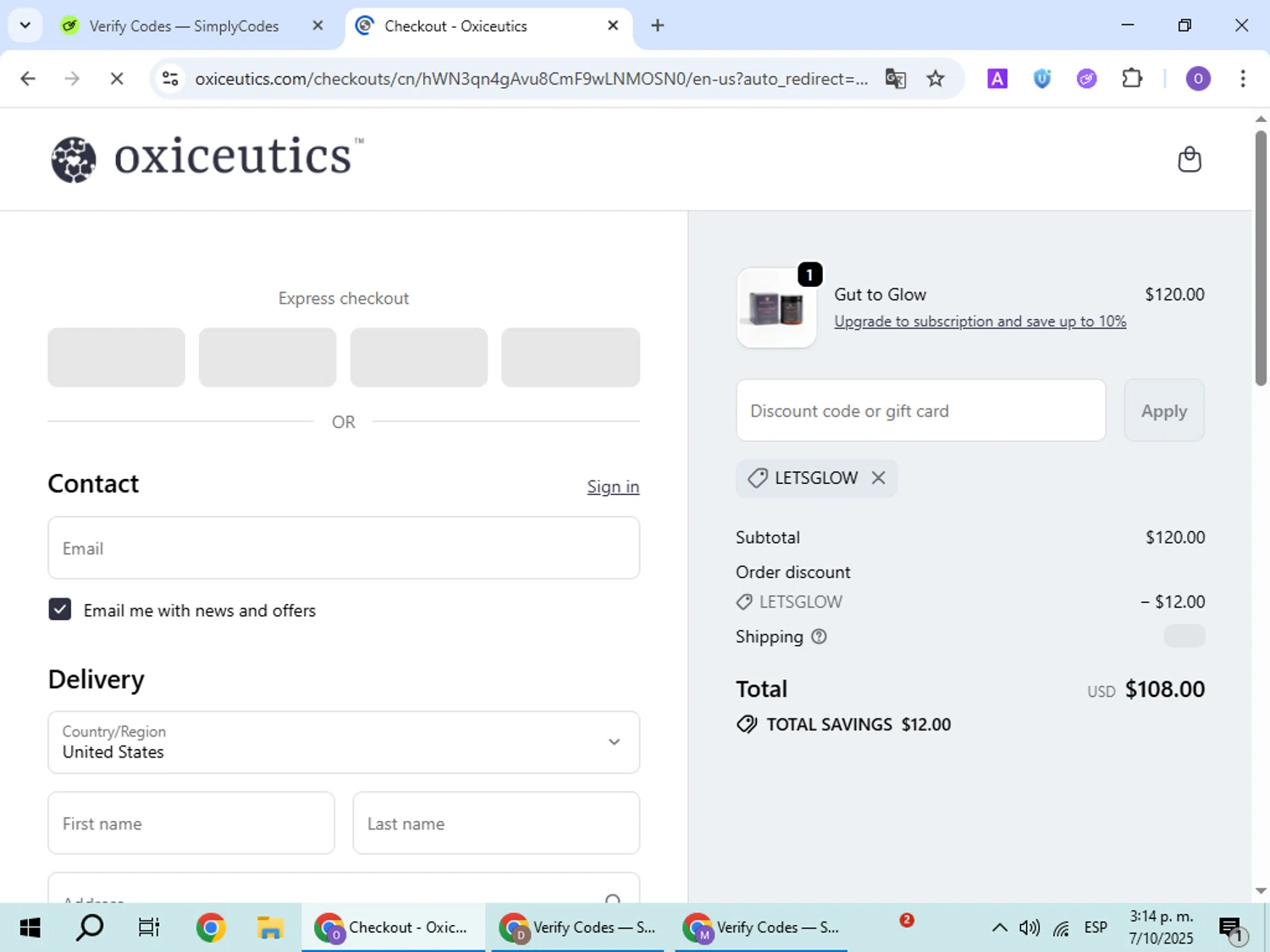Oxiceutics coupon code screenshot showing code LETSGLOW applied at Oxiceutics checkout page. Uploaded by SimplyCodes community member BudgetHawk9503 on Oct 7, 2025