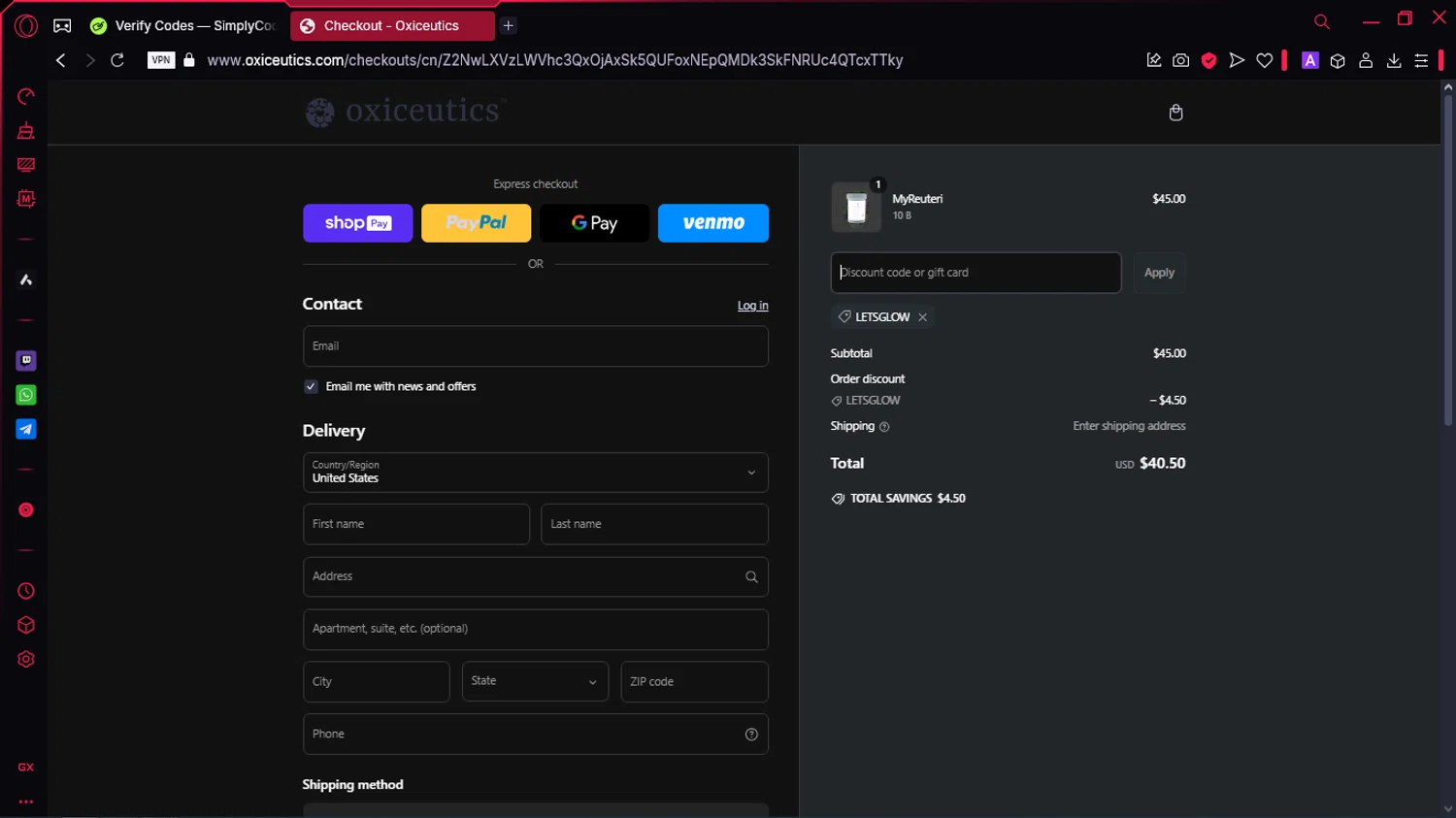 Oxiceutics coupon code screenshot showing code LETSGLOW applied at Oxiceutics checkout page. Uploaded by SimplyCodes community member McLovin on Mar 6, 2025
