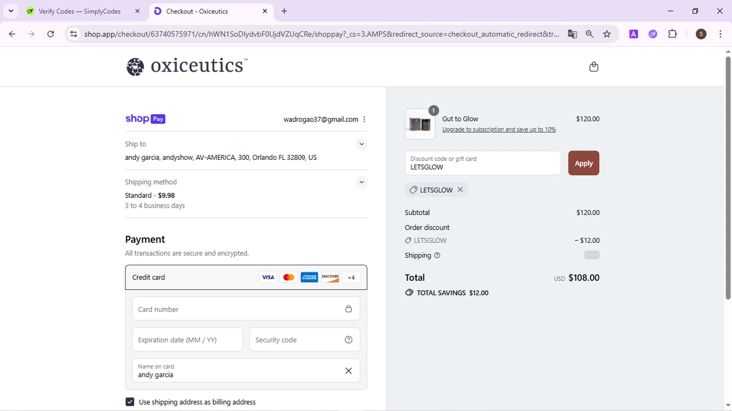 Oxiceutics coupon code screenshot showing code LETSGLOW applied at Oxiceutics checkout page. Uploaded by SimplyCodes community member QuestPhoenix2794 on Aug 5, 2025