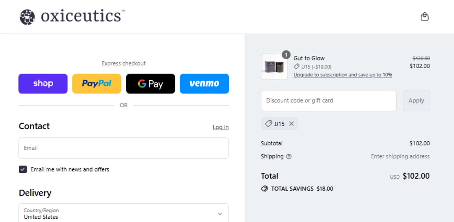 Oxiceutics coupon code screenshot showing code JJ15 applied at Oxiceutics checkout page. Uploaded by SimplyCodes community member CouponLion324 on Sep 4, 2025