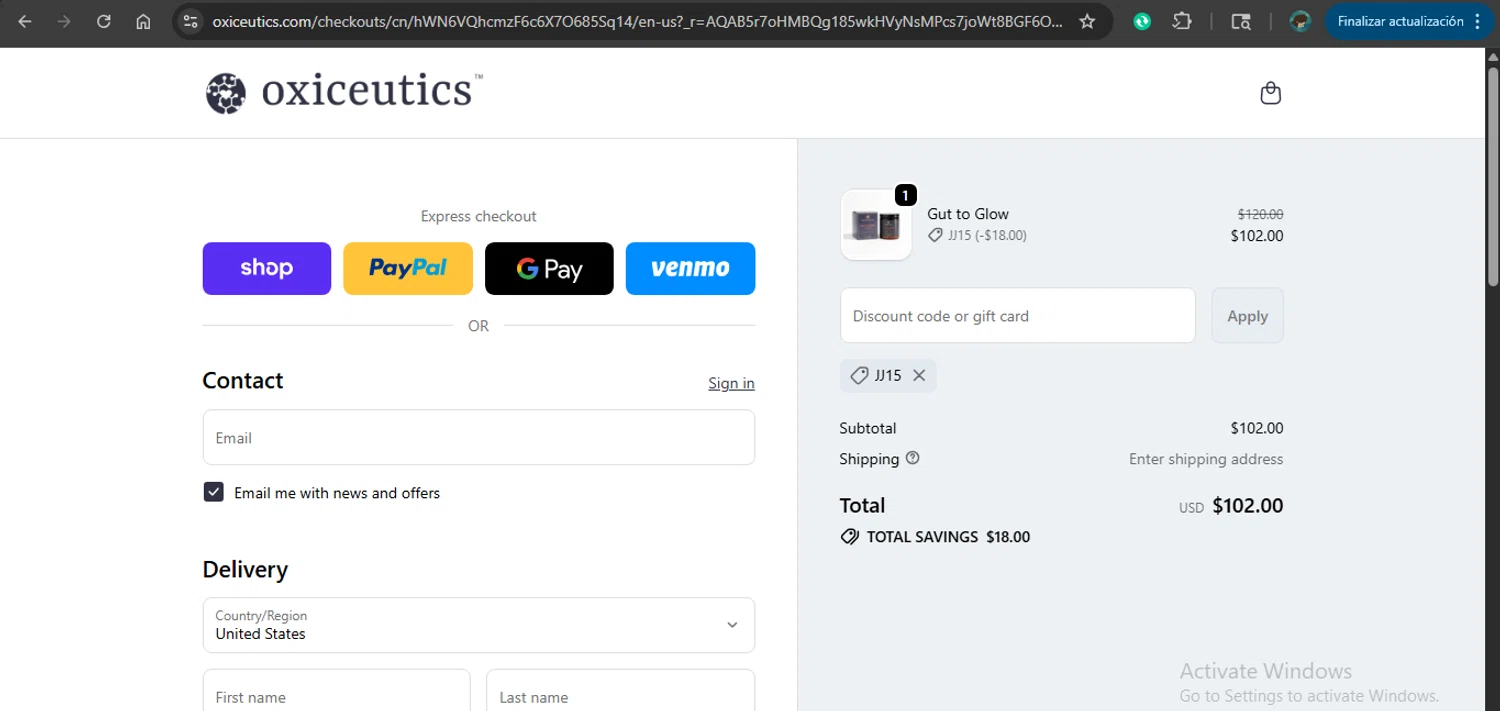 Oxiceutics coupon code screenshot showing code JJ15 applied at Oxiceutics checkout page. Uploaded by SimplyCodes community member MariaCorinaMachado on Dec 16, 2025