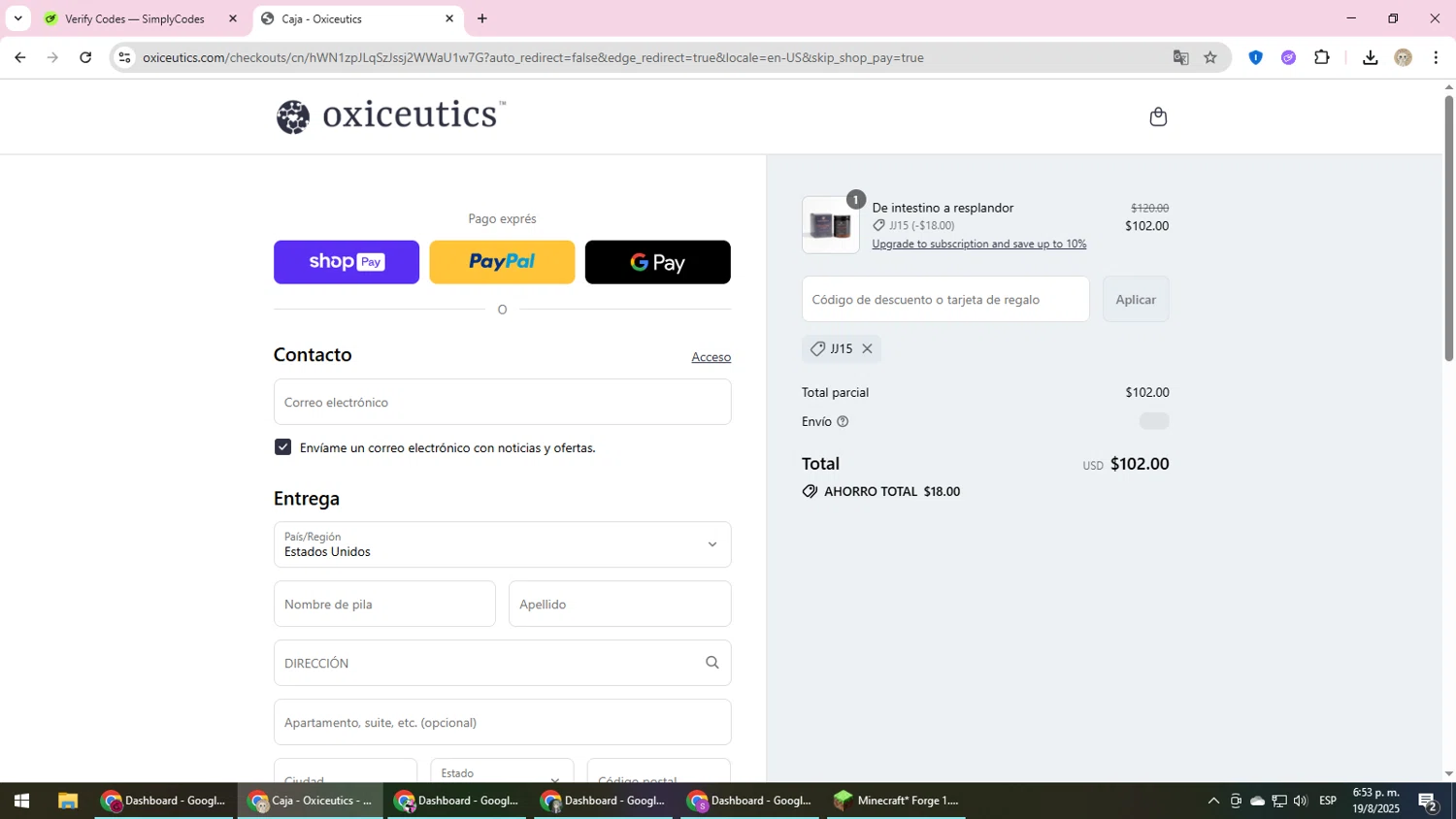 Oxiceutics coupon code screenshot showing code JJ15 applied at Oxiceutics checkout page. Uploaded by SimplyCodes community member NobleScholar4826 on Aug 19, 2025