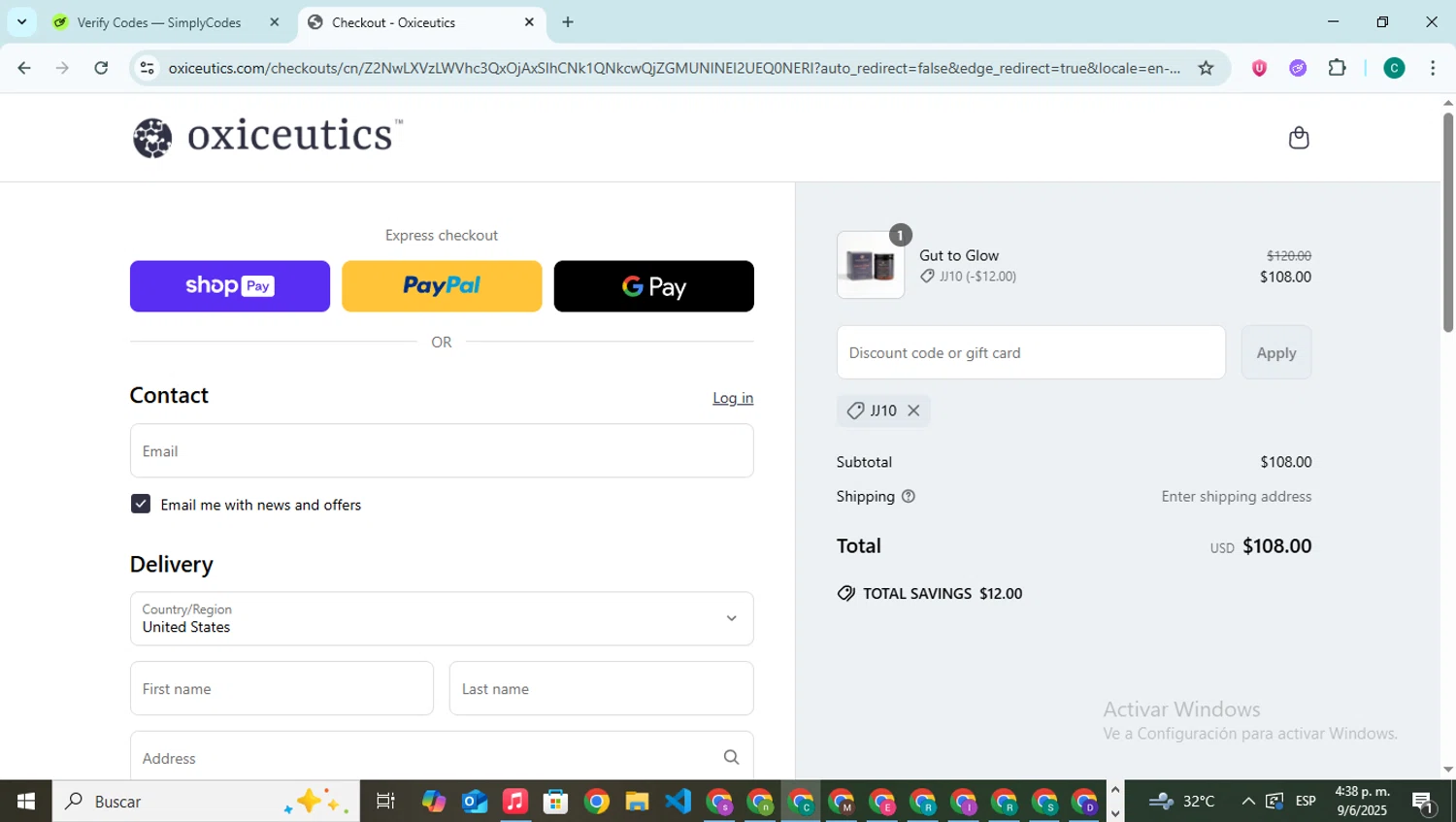 Oxiceutics coupon code screenshot showing code JJ10 applied at Oxiceutics checkout page. Uploaded by SimplyCodes community member BonusPilot927 on Jun 9, 2025