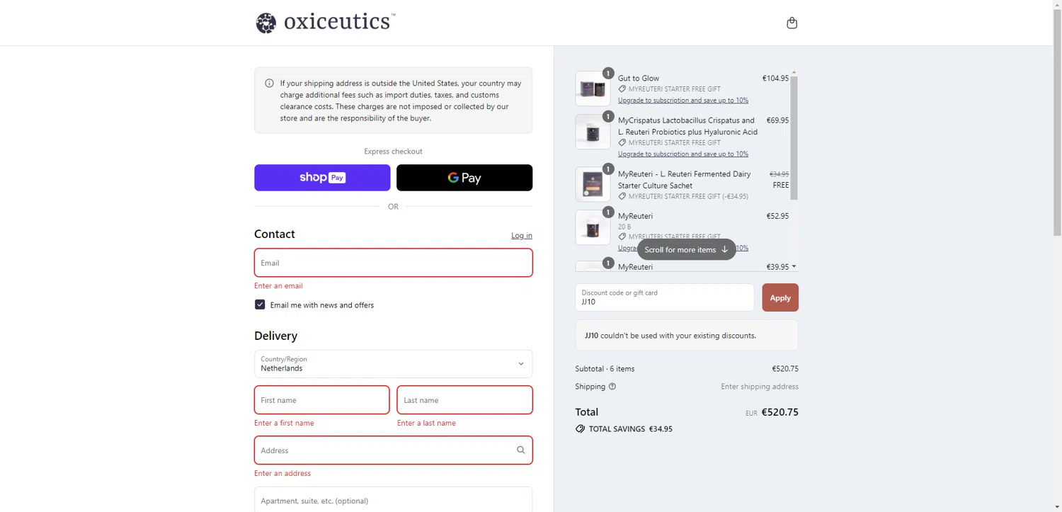 Oxiceutics coupon code screenshot showing code JJ10 applied at Oxiceutics checkout page. Uploaded by SimplyCodes community member ValiantAce1810 on Jul 15, 2025