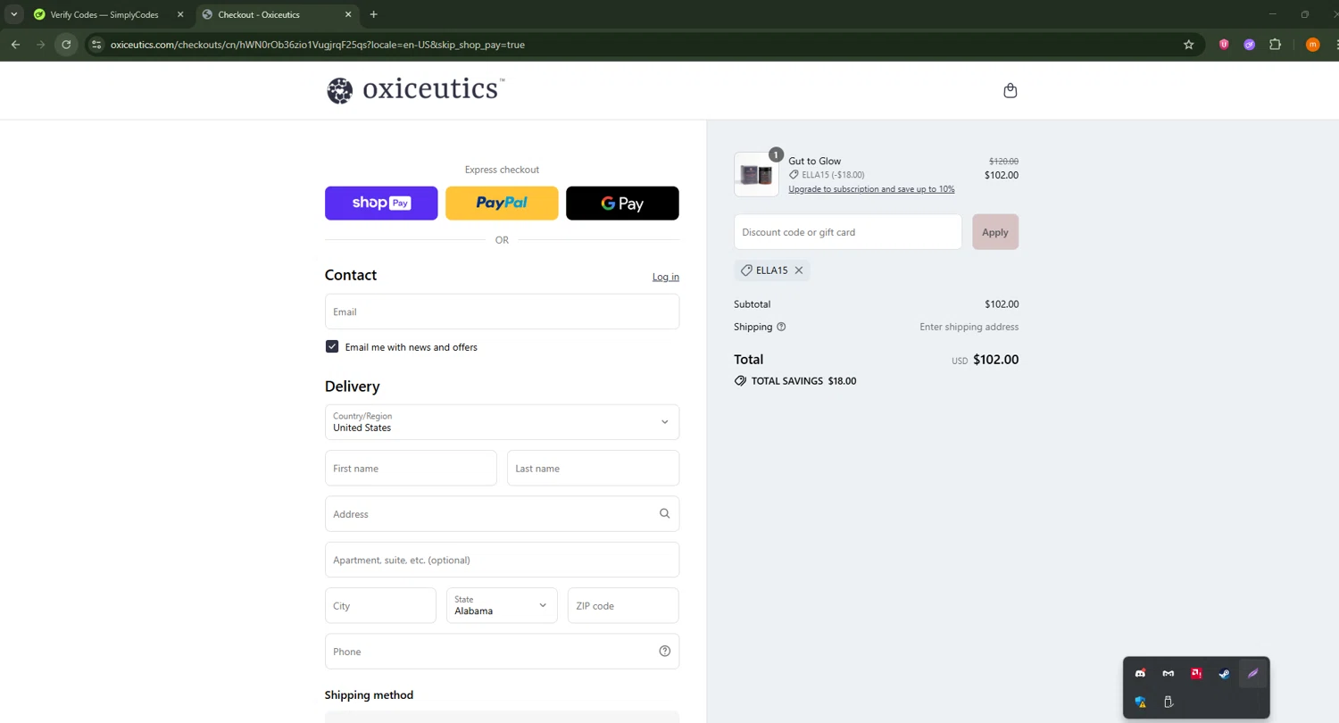Oxiceutics coupon code screenshot showing code ella15 applied at Oxiceutics checkout page. Uploaded by SimplyCodes community member Davoxeneixe on Jul 21, 2025