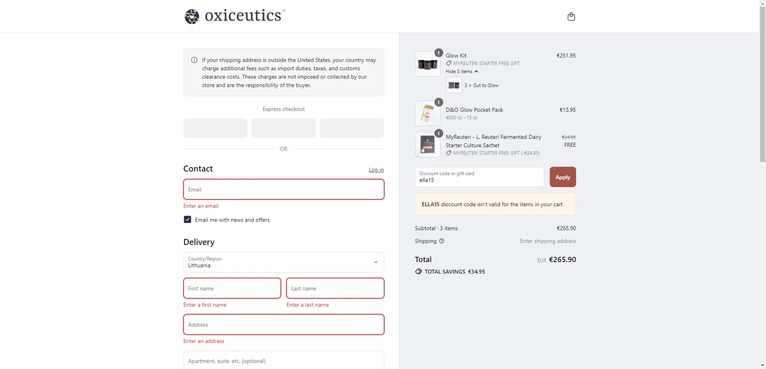 Oxiceutics coupon code screenshot showing code ella15 applied at Oxiceutics checkout page. Uploaded by SimplyCodes community member DiscountWarden480 on Aug 30, 2025