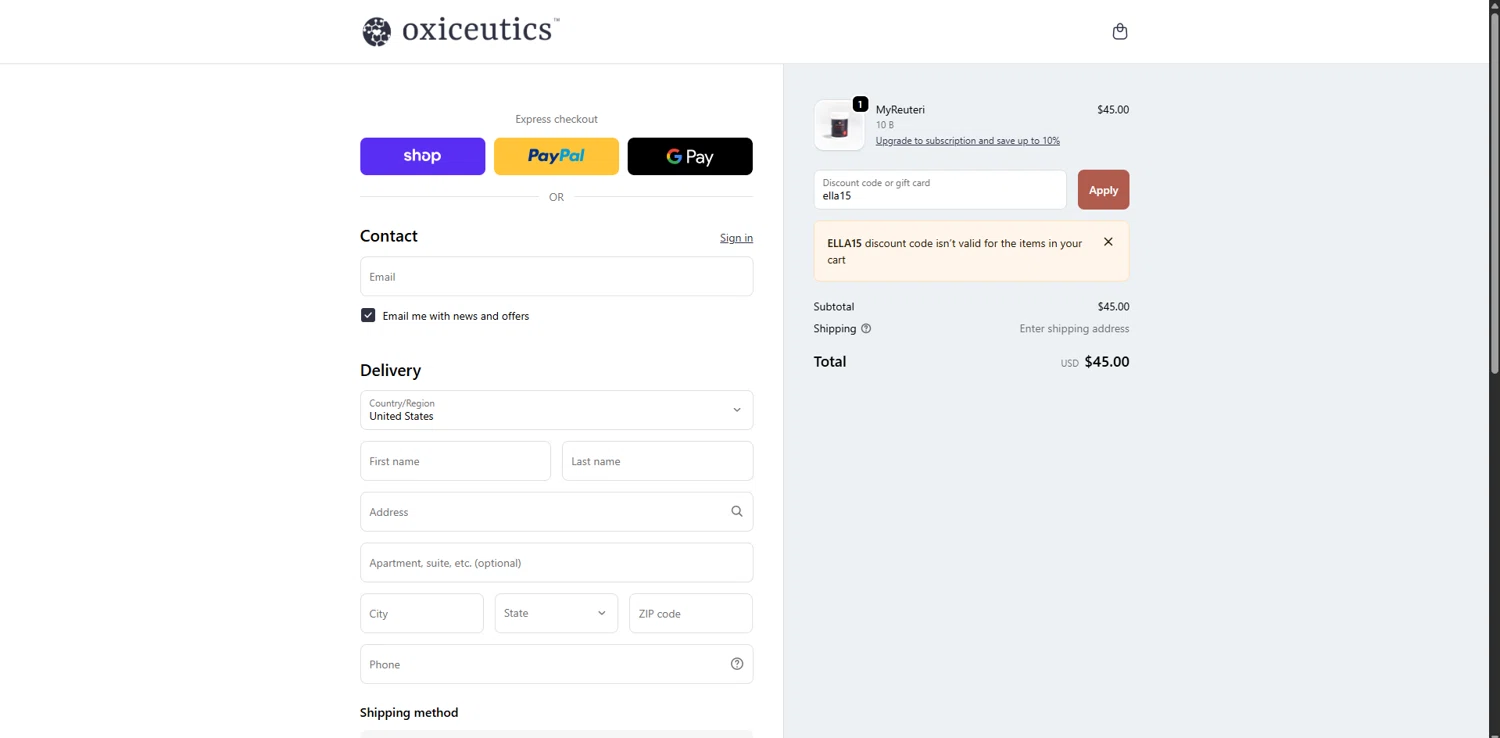Oxiceutics coupon code screenshot showing code ella15 applied at Oxiceutics checkout page. Uploaded by SimplyCodes community member WiseSage2777 on Dec 6, 2025