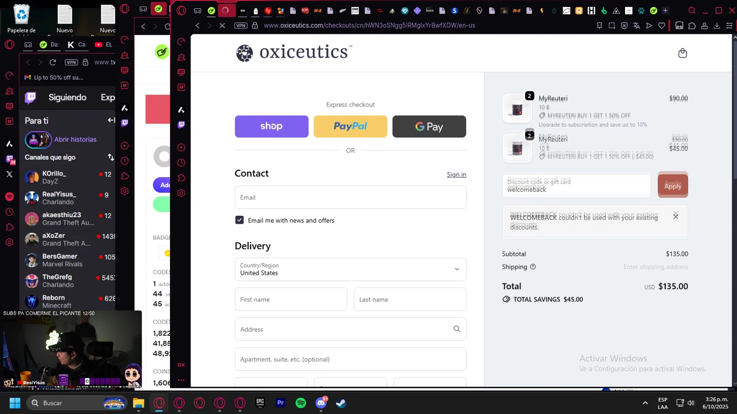 Oxiceutics coupon code screenshot showing code welcomeback applied at Oxiceutics checkout page. Uploaded by SimplyCodes community member Billyyou on Oct 6, 2025