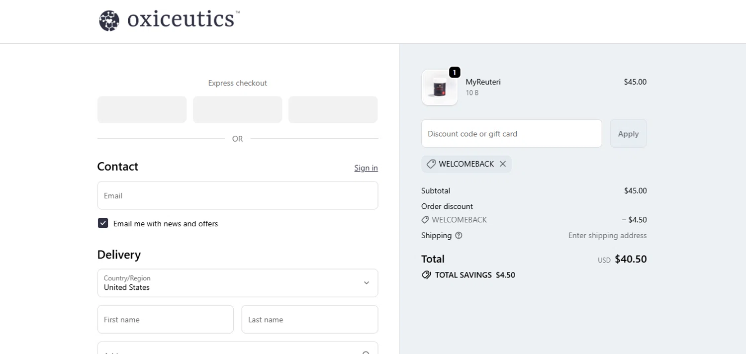 Oxiceutics coupon code screenshot showing code welcomeback applied at Oxiceutics checkout page. Uploaded by SimplyCodes community member juanisaac on Oct 6, 2025