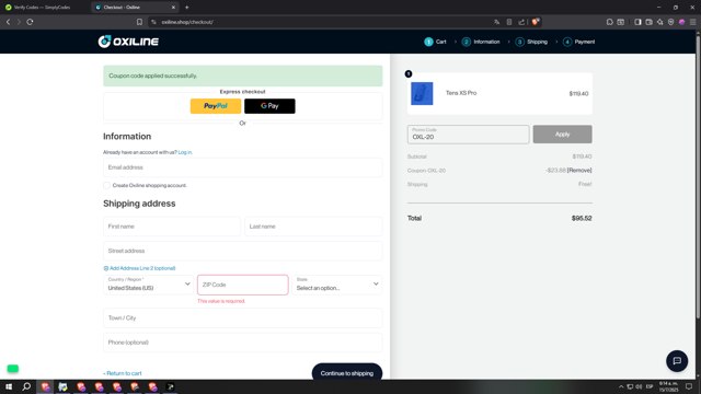 Oxiline checkout page showing Oxiline coupon code box | Screenshot taken by SimplyCodes community member on Jul 15, 2025
