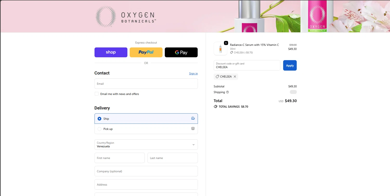 Oxygen Botanicals promo code screenshot showing code CHELSEA applied at Oxygen Botanicals checkout page. Uploaded by SimplyCodes community member brrrrr on Nov 15, 2025