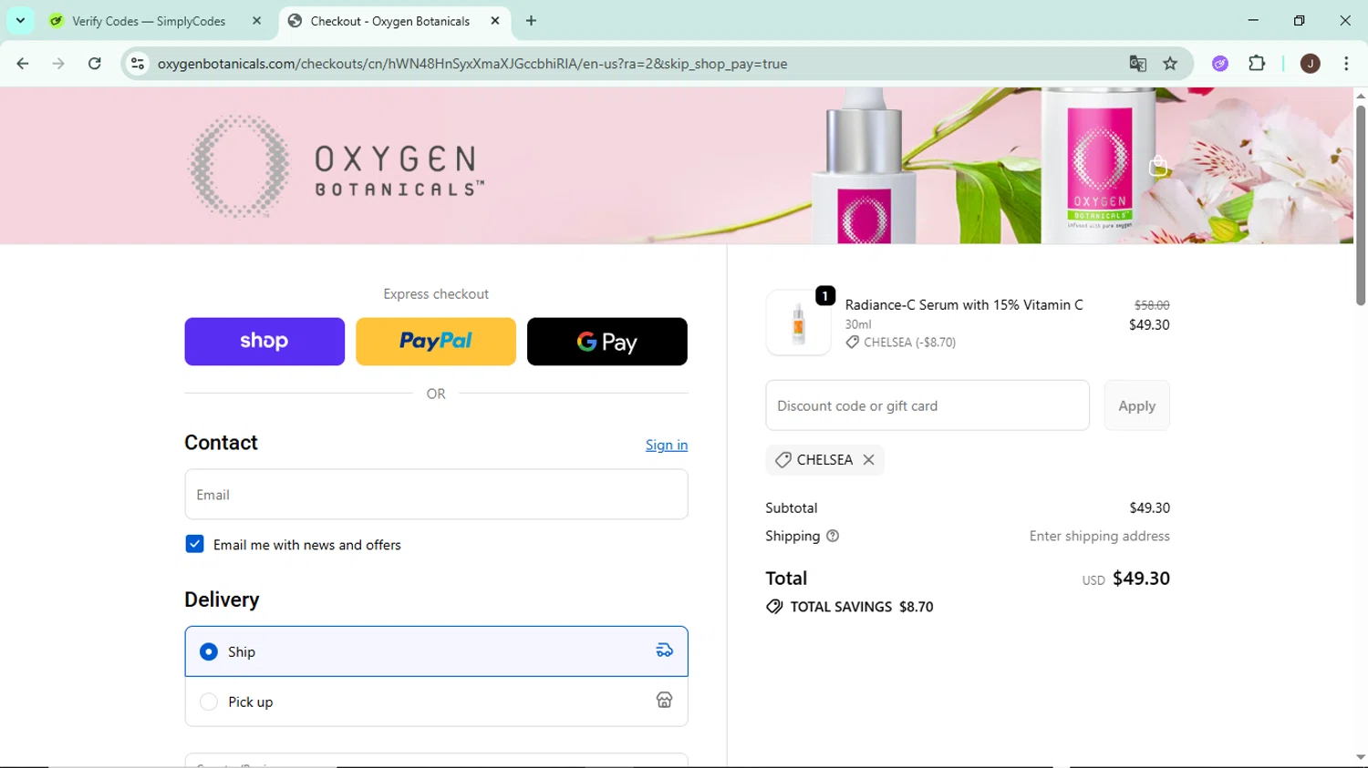 Oxygen Botanicals promo code screenshot showing code CHELSEA applied at Oxygen Botanicals checkout page. Uploaded by SimplyCodes community member LegendaryAce8627 on Oct 15, 2025
