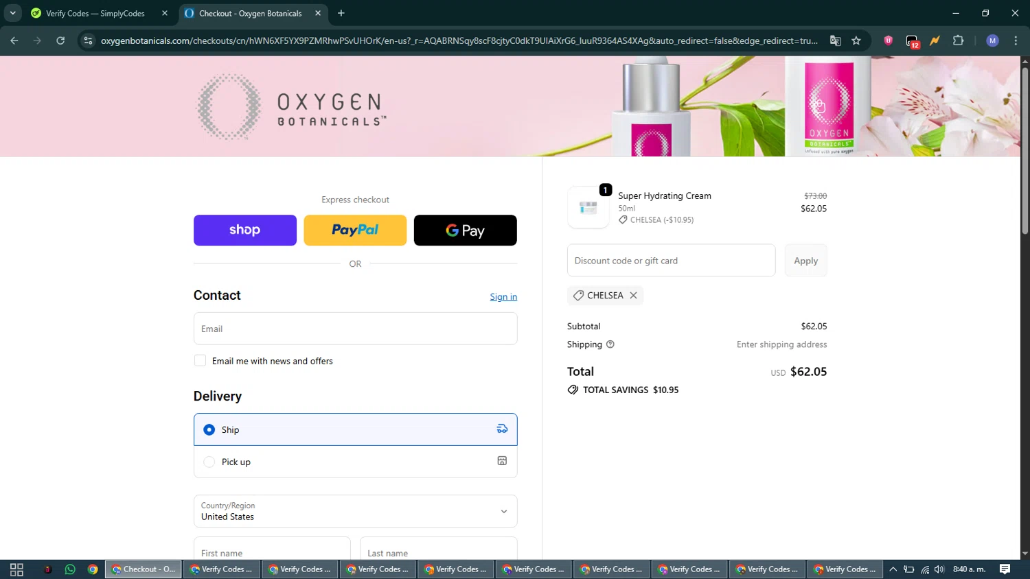 Oxygen Botanicals promo code screenshot showing code CHELSEA applied at Oxygen Botanicals checkout page. Uploaded by SimplyCodes community member VoucherCurator824 on Dec 17, 2025