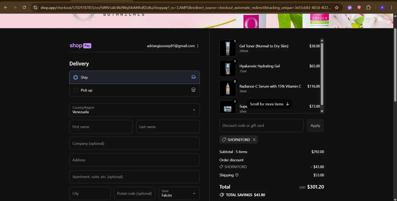 Oxygen Botanicals promo code screenshot showing code SHOPAFFORD applied at Oxygen Botanicals checkout page. Uploaded by SimplyCodes community member PromoExpert5262 on Aug 17, 2025