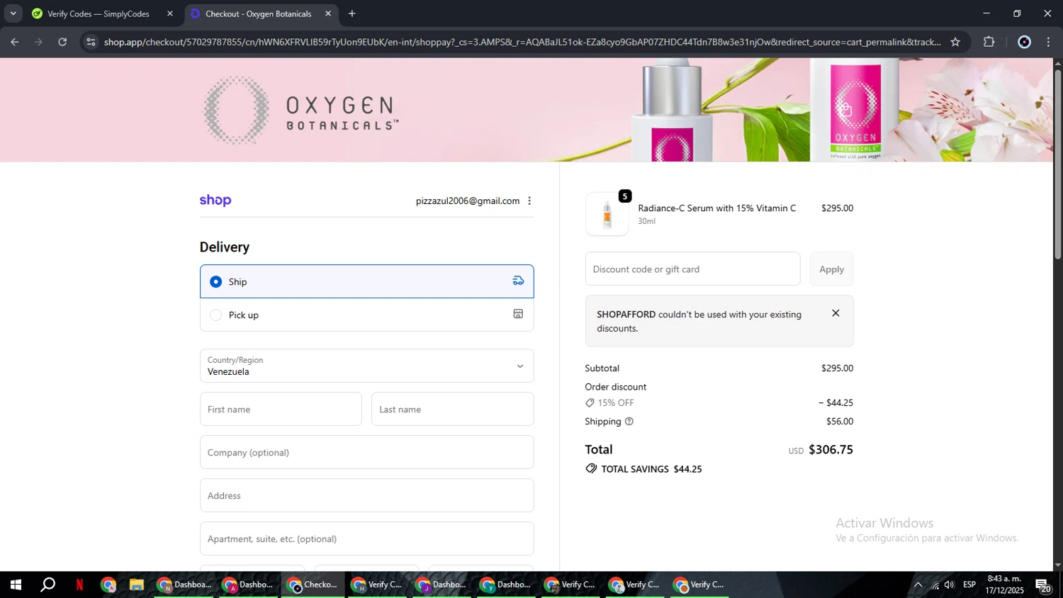 Oxygen Botanicals promo code screenshot showing code SHOPAFFORD applied at Oxygen Botanicals checkout page. Uploaded by SimplyCodes community member RoyalBoss4384 on Dec 17, 2025