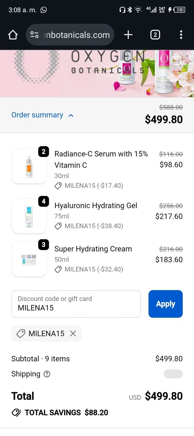 Oxygen Botanicals promo code screenshot showing code MILENA15 applied at Oxygen Botanicals checkout page. Uploaded by SimplyCodes community member Rafita on Nov 15, 2025