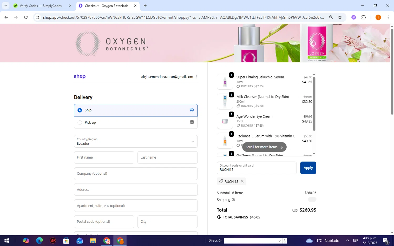 Oxygen Botanicals promo code screenshot showing code RUCHI15 applied at Oxygen Botanicals checkout page. Uploaded by SimplyCodes community member TheCreature on Dec 5, 2025