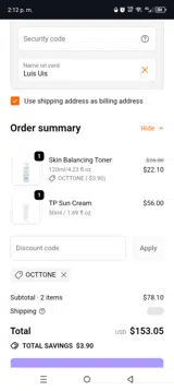 OCTTONE coupon verification screenshot