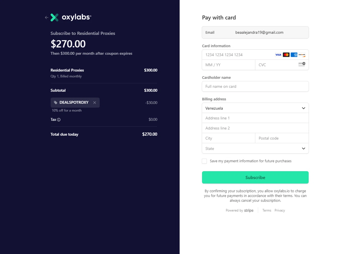 Oxylabs discount code screenshot showing code dealspotroxy applied at Oxylabs checkout page. Uploaded by SimplyCodes community member Alejandra10 on Apr 2, 2025