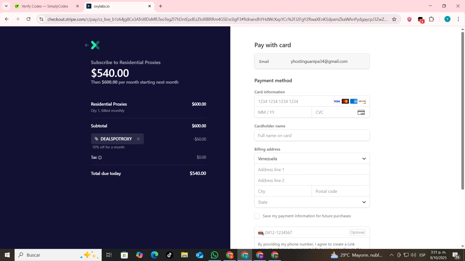 Oxylabs discount code screenshot showing code dealspotroxy applied at Oxylabs checkout page. Uploaded by SimplyCodes community member codygakpo on Oct 9, 2025