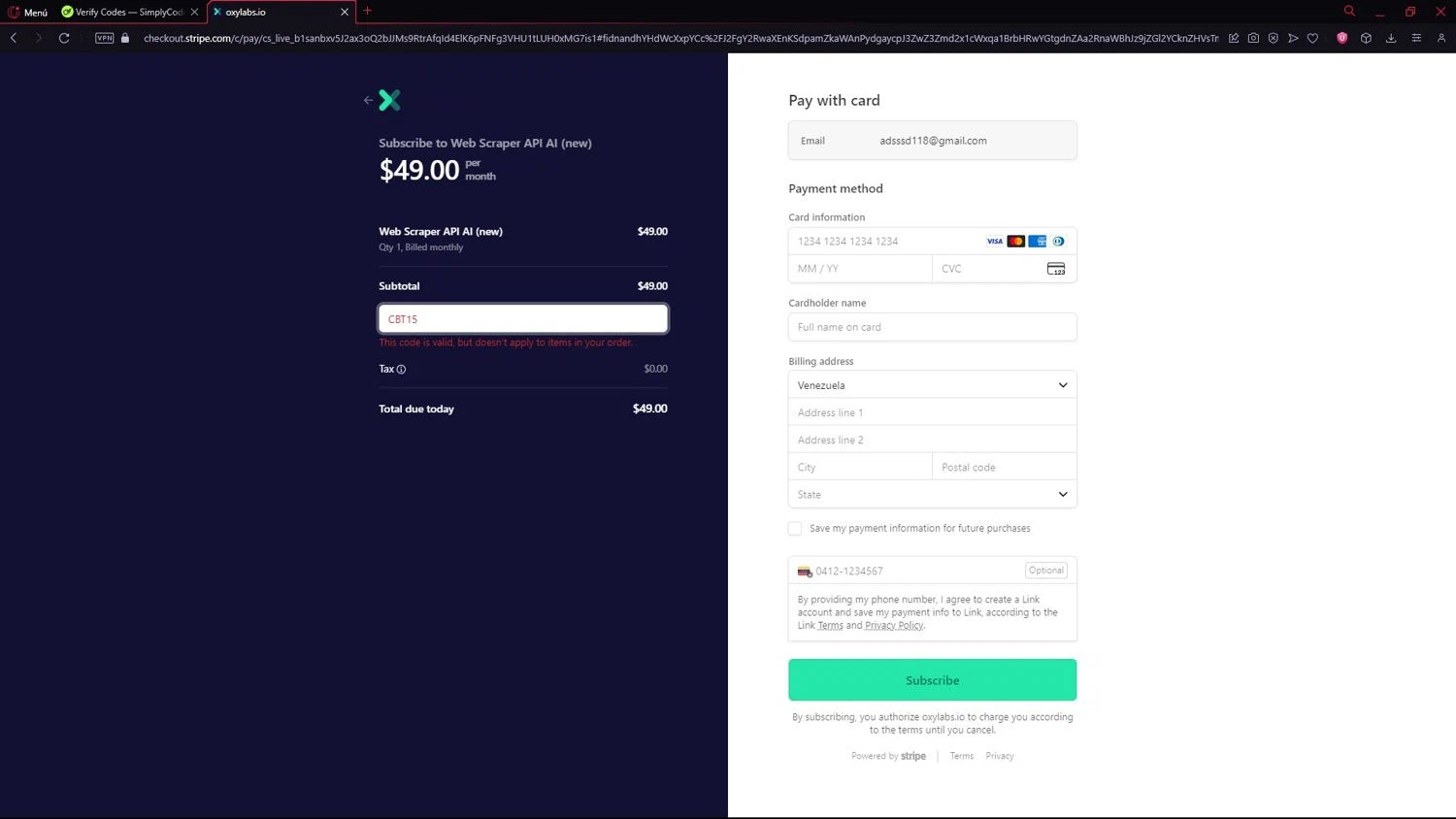 Oxylabs checkout page showing Oxylabs discount code box | Screenshot taken by SimplyCodes community member on Oct 18, 2025