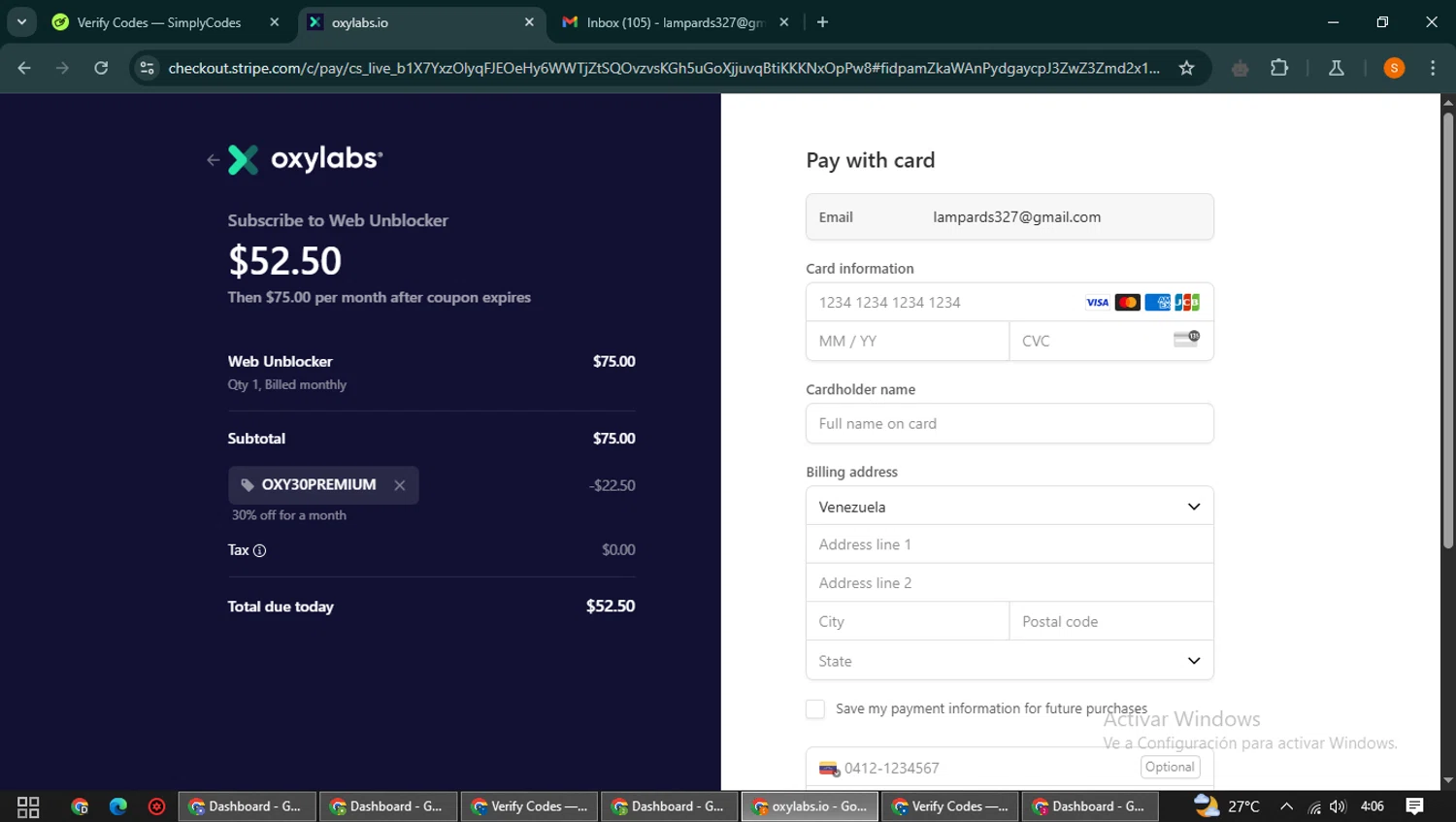 Oxylabs discount code screenshot showing code OXY30PREMIUM applied at Oxylabs checkout page. Uploaded by SimplyCodes community member QuestCaptain8930 on Apr 1, 2025