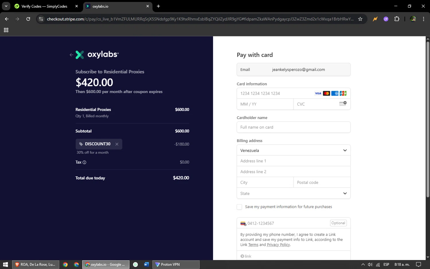 Oxylabs discount code screenshot showing code DISCOUNT30 applied at Oxylabs checkout page. Uploaded by SimplyCodes community member yonaiker on Jun 11, 2025