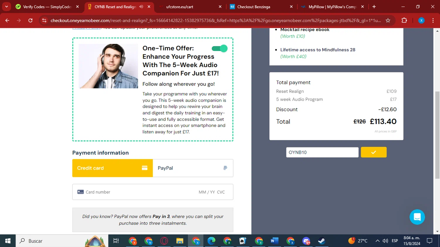 OYNB checkout page showing OYNB promo code box | Screenshot taken by SimplyCodes community member on Aug 15, 2024