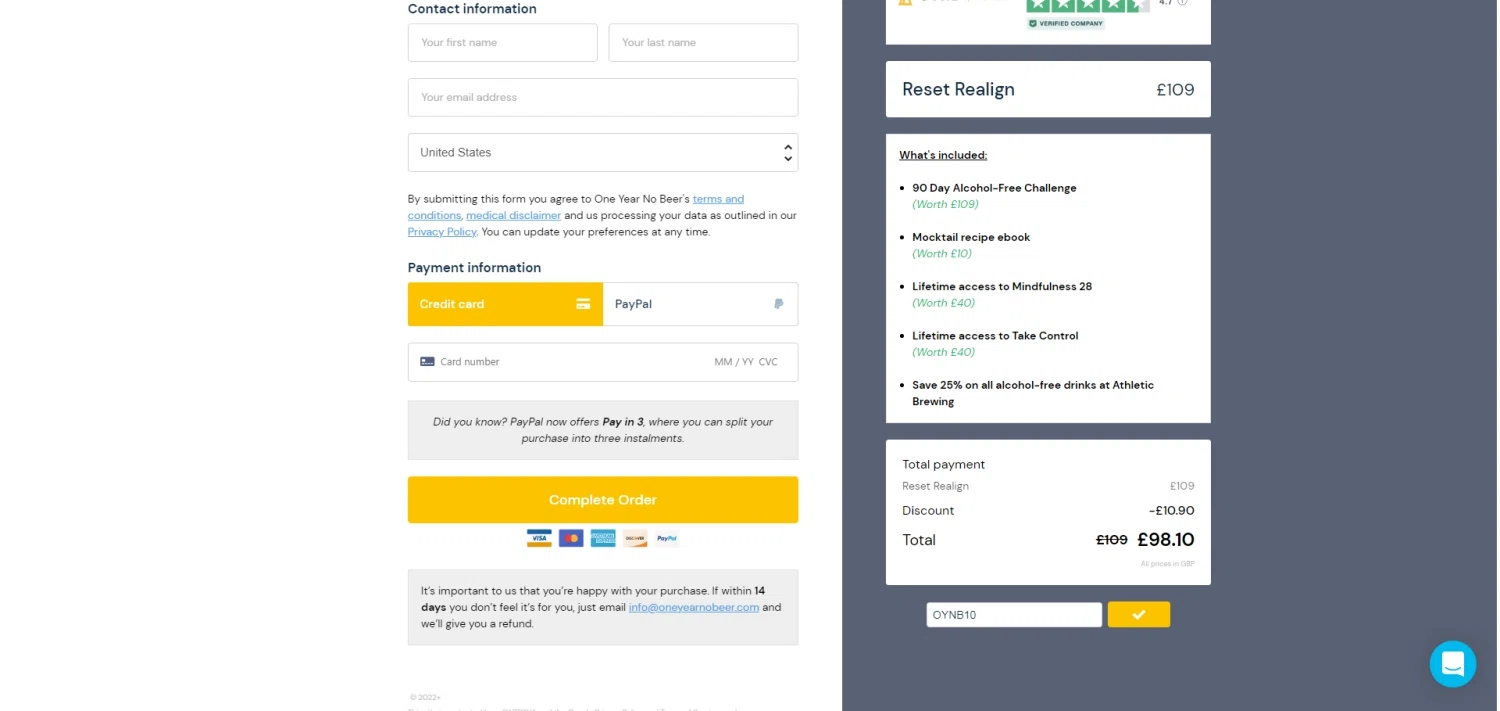 OYNB checkout page showing OYNB promo code box | Screenshot taken by SimplyCodes community member on Dec 24, 2022