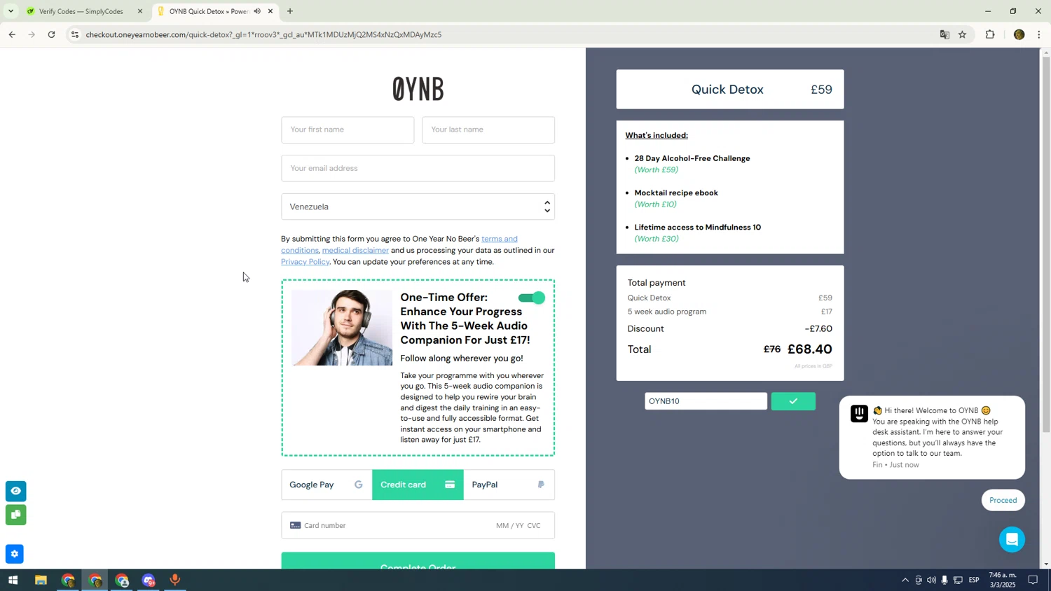 OYNB promo code screenshot showing code OYNB10 applied at OYNB checkout page. Uploaded by SimplyCodes community member sfdfgdsfgdfgdfg on Mar 3, 2025