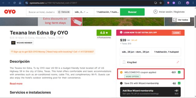 OYO Hotels USA checkout page showing OYO Hotels USA promo code box | Screenshot taken by SimplyCodes community member on Jun 28, 2025
