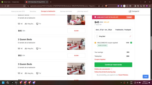 OYO Hotels USA checkout page showing OYO Hotels USA promo code box | Screenshot taken by SimplyCodes community member on Jul 27, 2025
