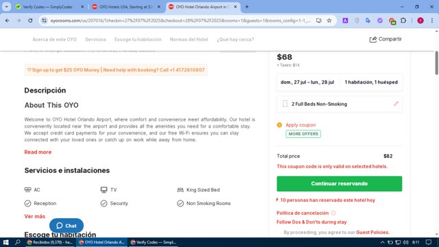 OYO Hotels USA checkout page showing OYO Hotels USA promo code box | Screenshot taken by SimplyCodes community member on Jul 27, 2025