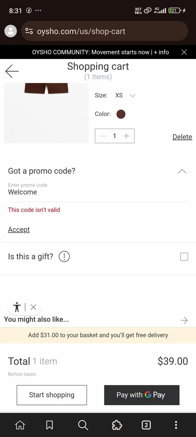OYSHO US promo code screenshot showing code Welcome applied at OYSHO US checkout page. Uploaded by SimplyCodes community member RoyalSleuth5202 on Jun 12, 2025