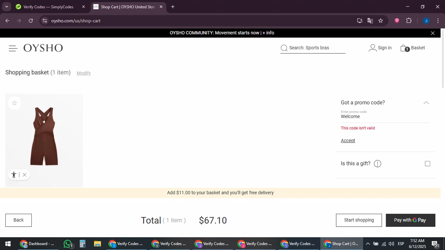 OYSHO US promo code screenshot showing code Welcome applied at OYSHO US checkout page. Uploaded by SimplyCodes community member noesmith34ur on Jun 12, 2025