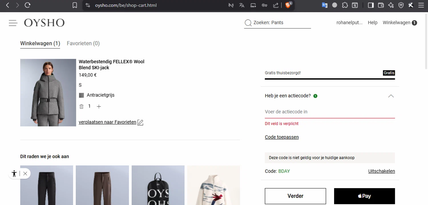 OYSHO US promo code screenshot showing code BDAY applied at OYSHO US checkout page. Uploaded by SimplyCodes community member l2994552451687 on Feb 8, 2026