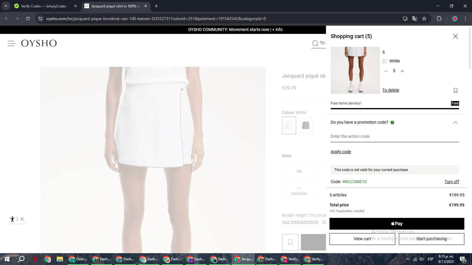 OYSHO US promo code screenshot showing code WELCOME10 applied at OYSHO US checkout page. Uploaded by SimplyCodes community member AVAMUSTANG on Nov 10, 2025