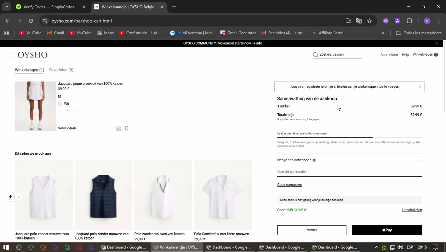 OYSHO US promo code screenshot showing code WELCOME10 applied at OYSHO US checkout page. Uploaded by SimplyCodes community member ExtraordinaryPhoenix3689 on Nov 10, 2025