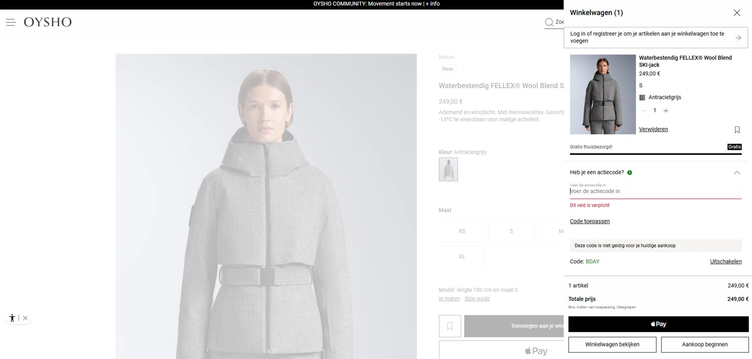 OYSHO US promo code screenshot showing code BDAY applied at OYSHO US checkout page. Uploaded by SimplyCodes community member Dorothy on Nov 17, 2025